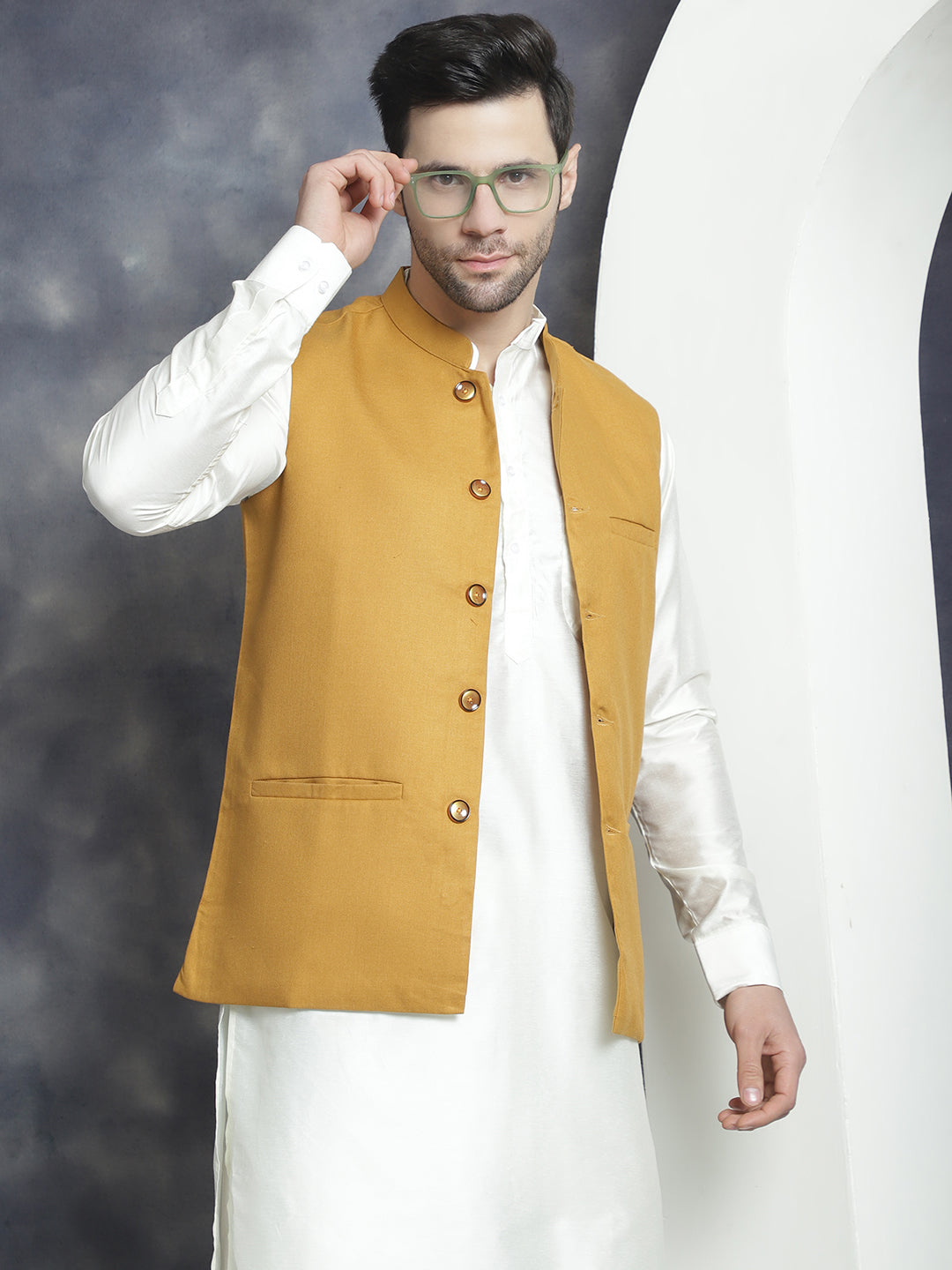 DesiQlo Men Solid Nehru Jacket and Kurta Pyjama Set - Yellow