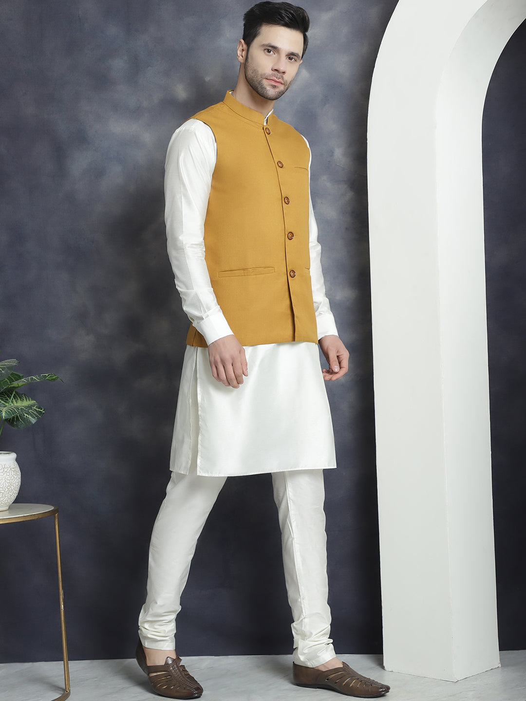 DesiQlo Men Solid Nehru Jacket and Kurta Pyjama Set - Yellow