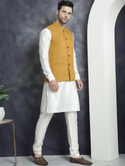 Men's Solid Nehru Jacket with White Kurta & Churidar ( JOKPWC 592W 4046Mustard )