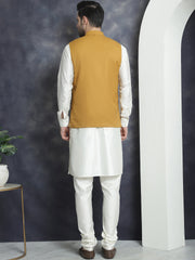 Men's Solid Nehru Jacket with White Kurta & Churidar ( JOKPWC 592W 4046Mustard )