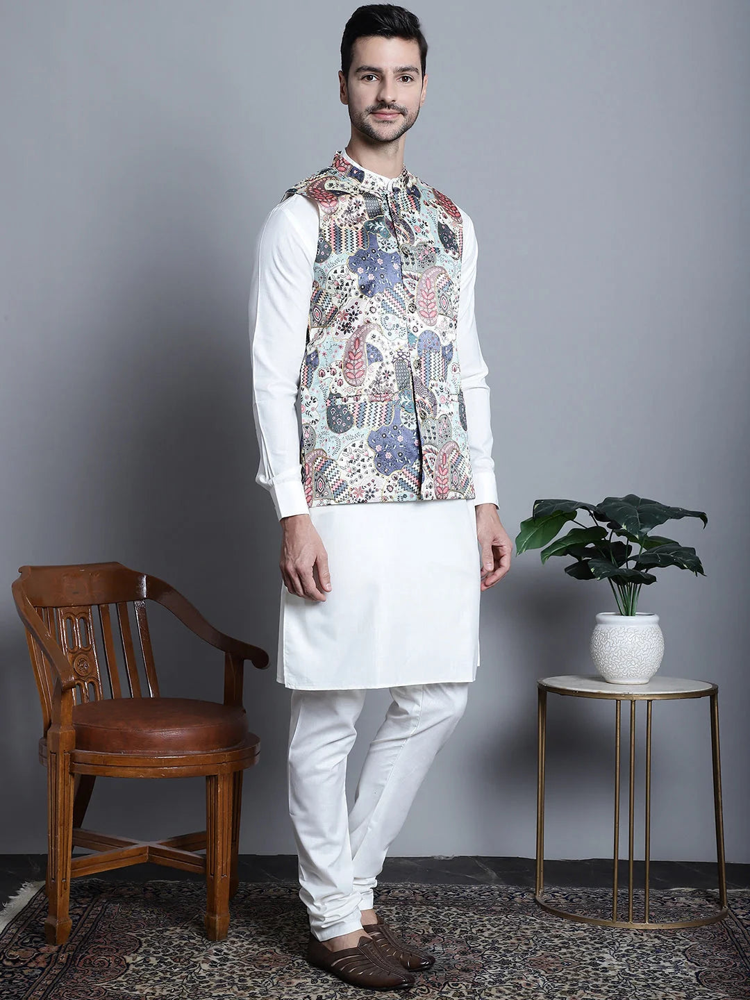 Mens Kurta Pajama Set: Nehru Jacket, Zari Work, Digital Print