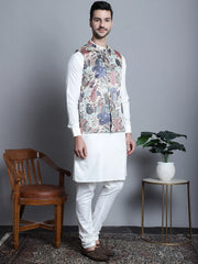 Men's Digital Print and Zari Work Nehru Jacket With Kurta Solid Pyjama Set