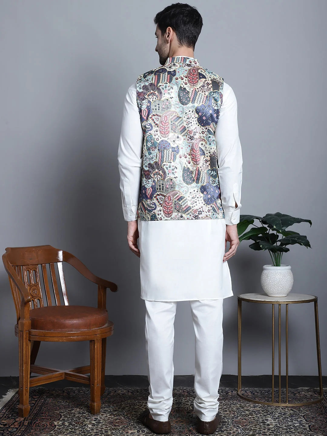 Mens Kurta Pajama Set: Nehru Jacket, Zari Work, Digital Print