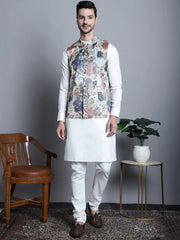 Men's Digital Print and Zari Work Nehru Jacket With Kurta Solid Pyjama Set