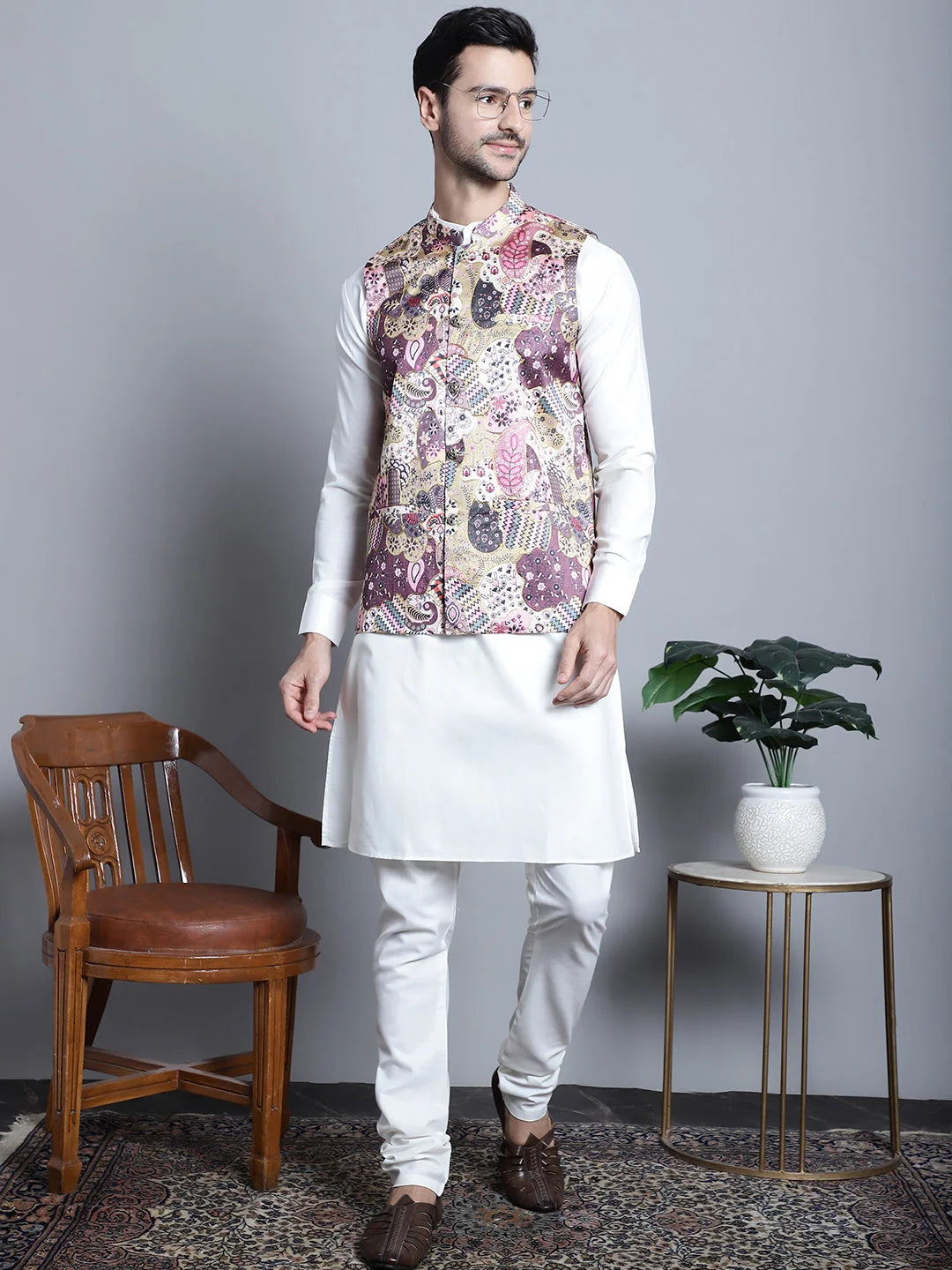 Men's Digital Print Kurta Pajama Set with Zari Work Jacket