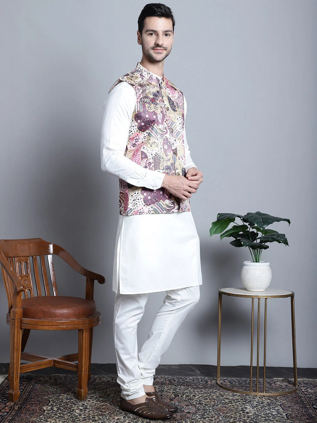 Men's Digital Print Kurta Pajama Set with Zari Work Jacket