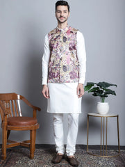 Men's Digital Print and Zari Work Jacket With Kurta Pyjama Set
