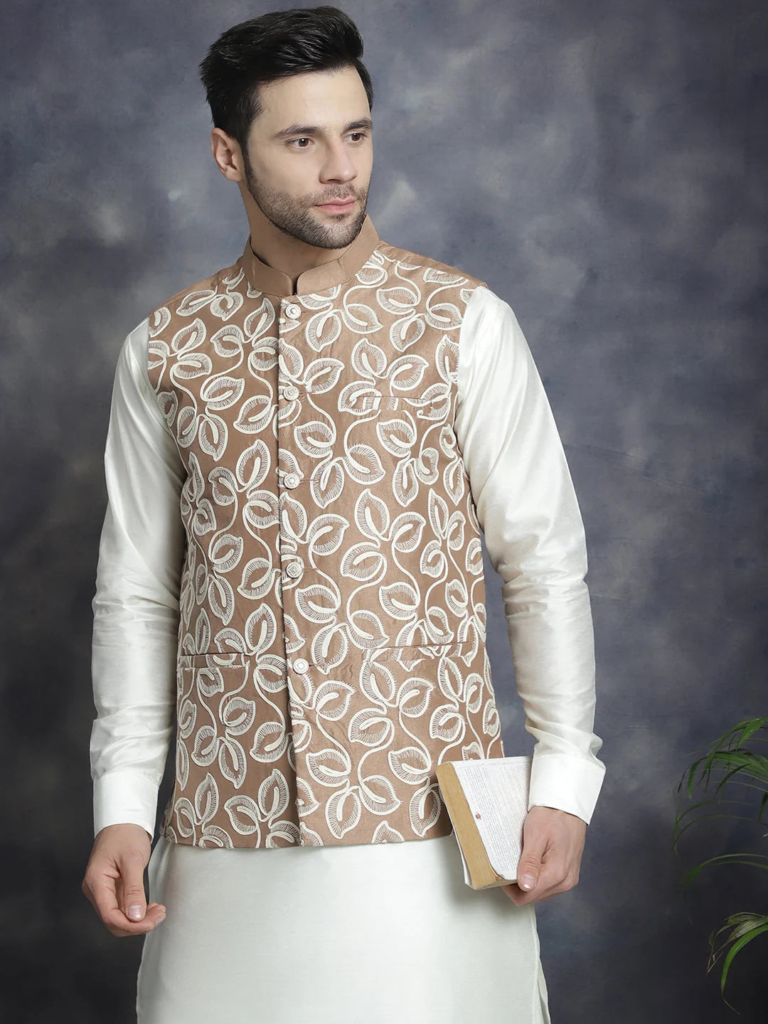 Men's Brown Embroidered Nehru Jacket With Solid Kurta Pajama