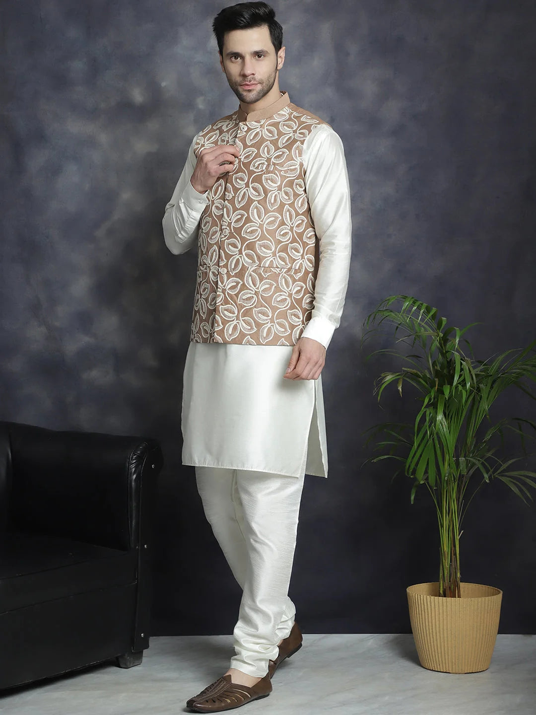 Men's Brown Embroidered Nehru Jacket With Solid Kurta Pajama