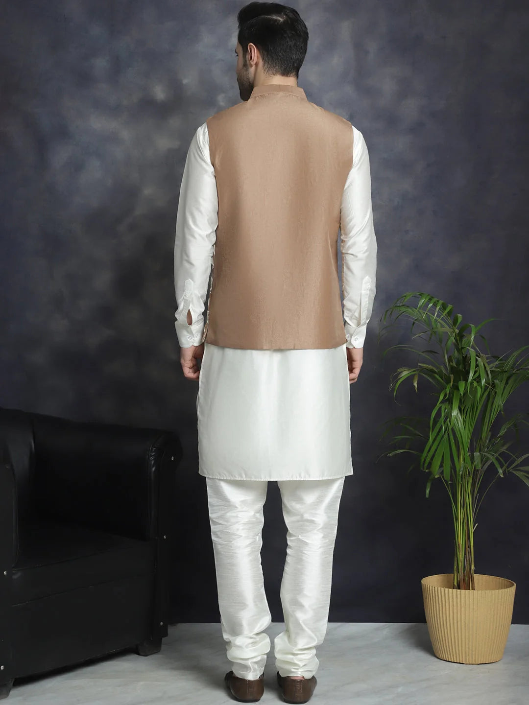 Men's Brown Embroidered Nehru Jacket With Solid Kurta Pajama