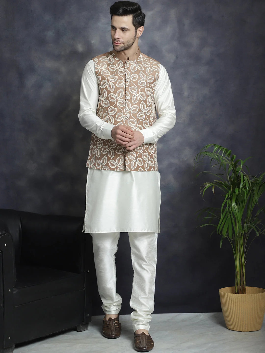 Men's Brown Embroidered Nehru Jacket With Solid Kurta Pajama