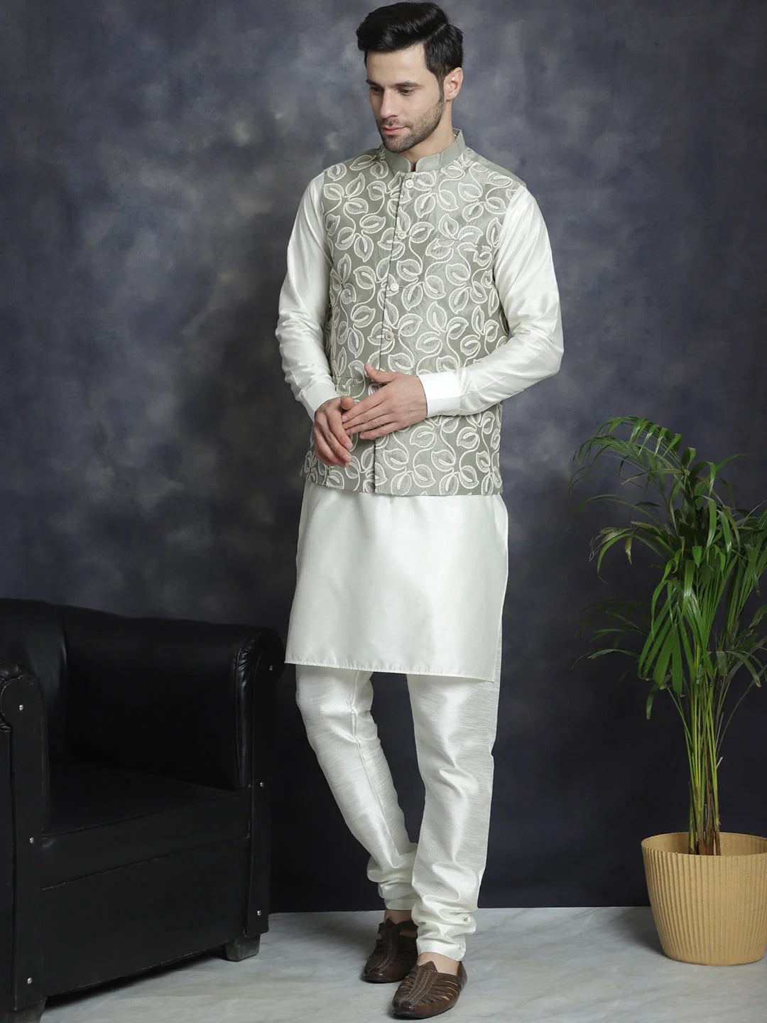 Men's Embroidered Nehru Jacket with Solid Kurta Pajama Set