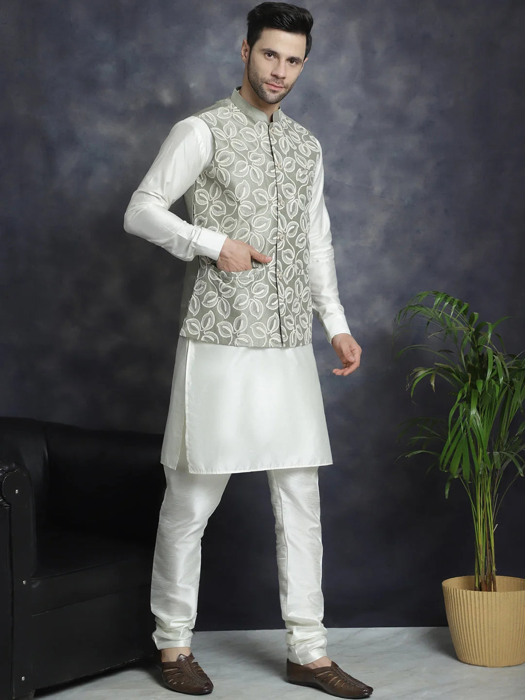 Men's Embroidered Nehru Jacket with Solid Kurta Pajama Set