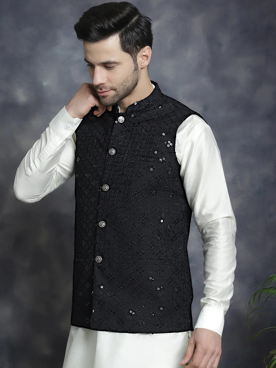 Mens Sequins Embroidered Nehru Jacket With Kurta Pajama Set