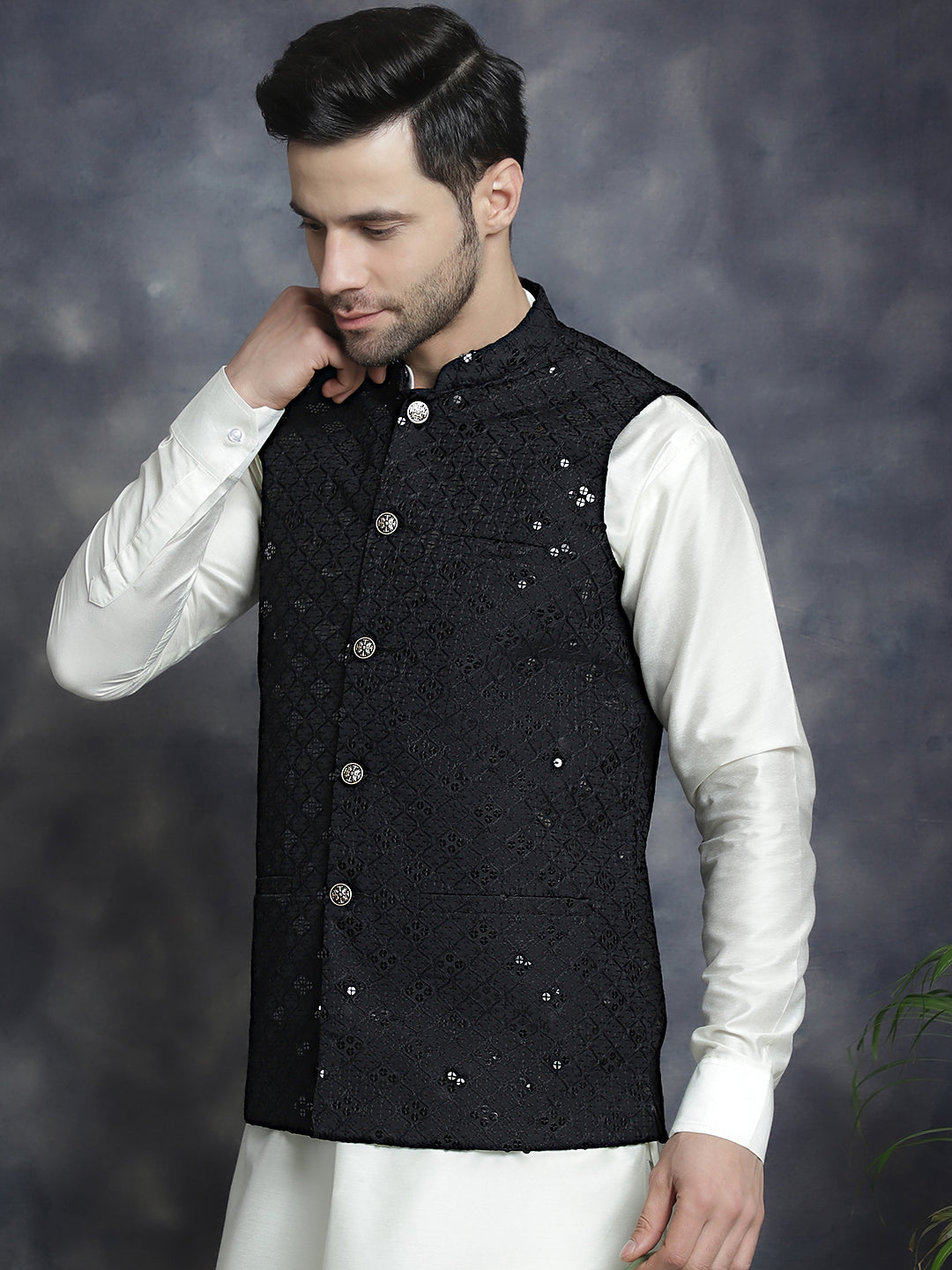 Mens Sequins Embroidered Nehru Jacket With Kurta Pajama Set