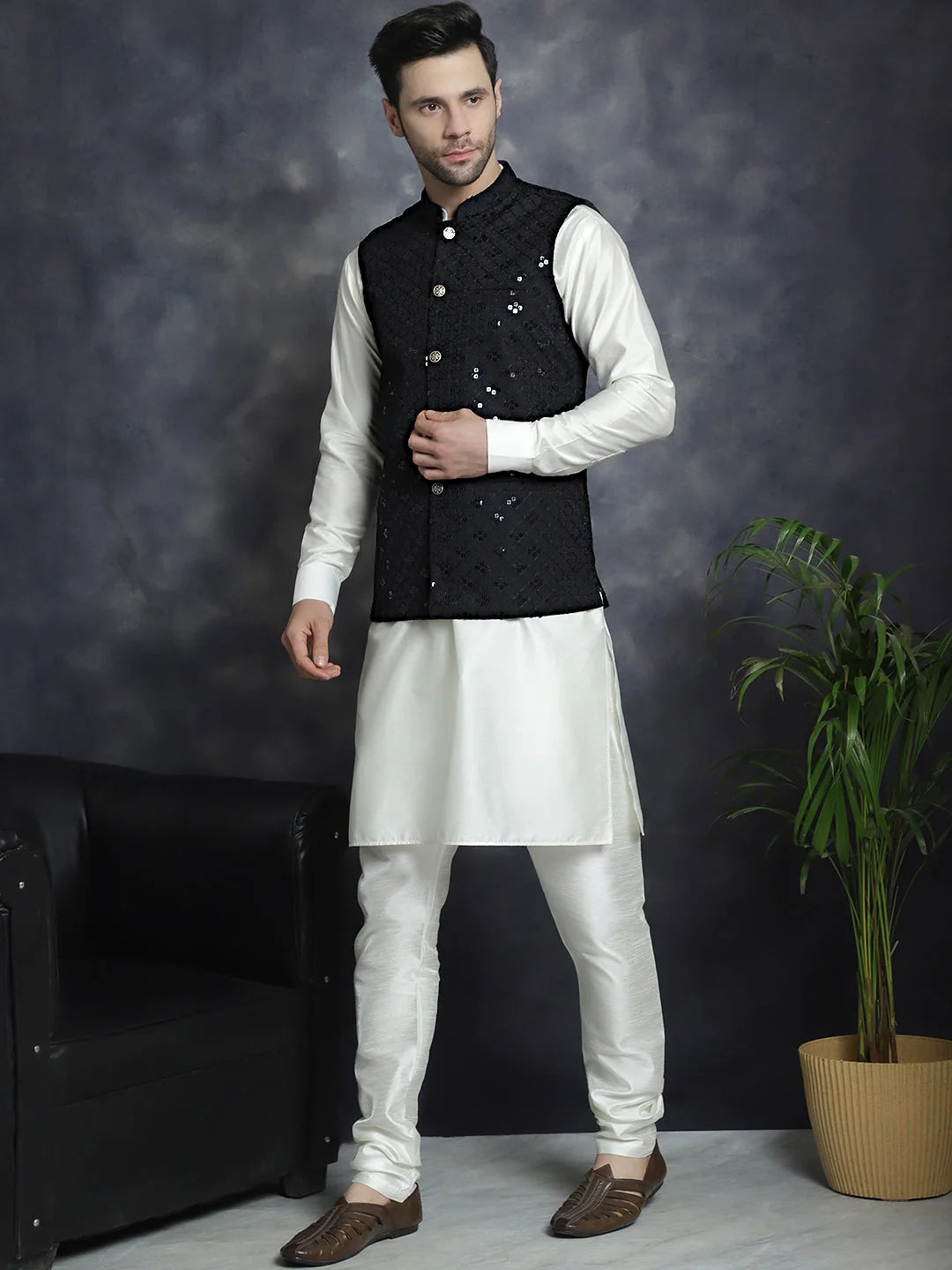 Mens Sequins Embroidered Nehru Jacket With Kurta Pajama Set
