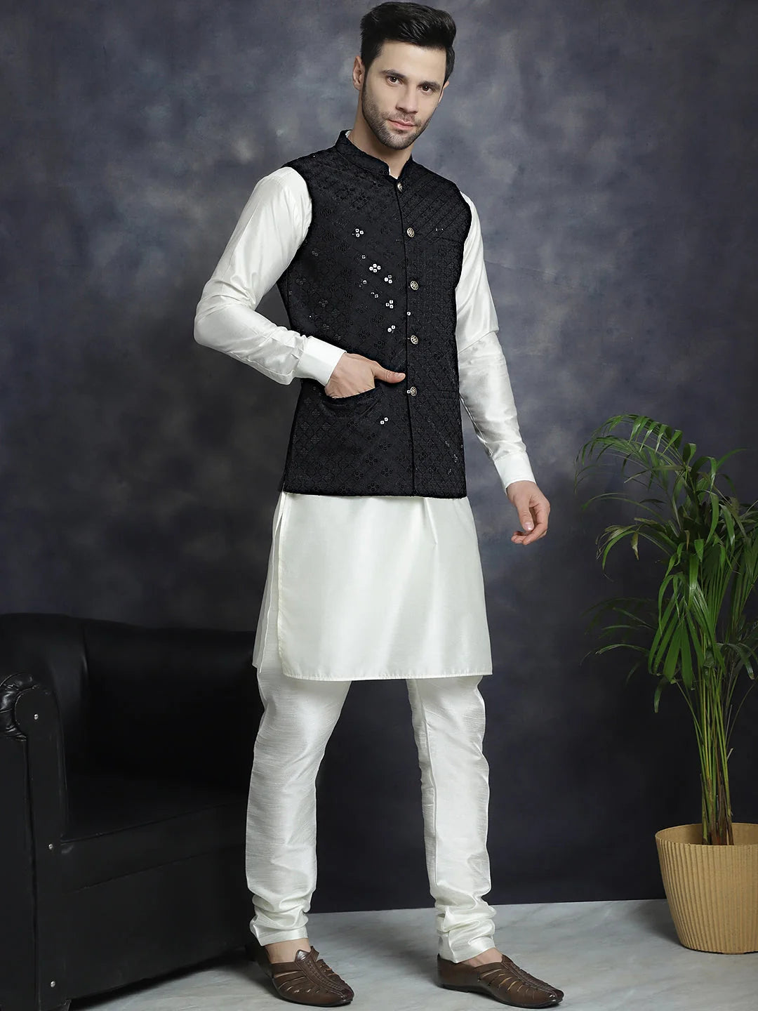 Mens Sequins Embroidered Nehru Jacket With Kurta Pajama Set