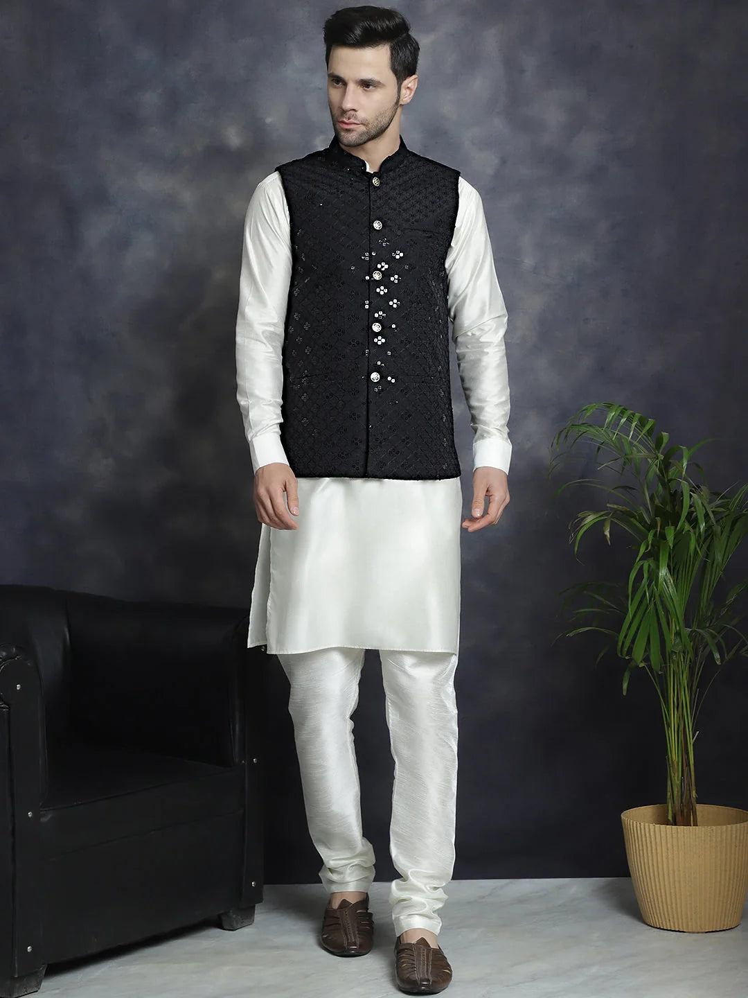 Mens Sequins Embroidered Nehru Jacket With Kurta Pajama Set