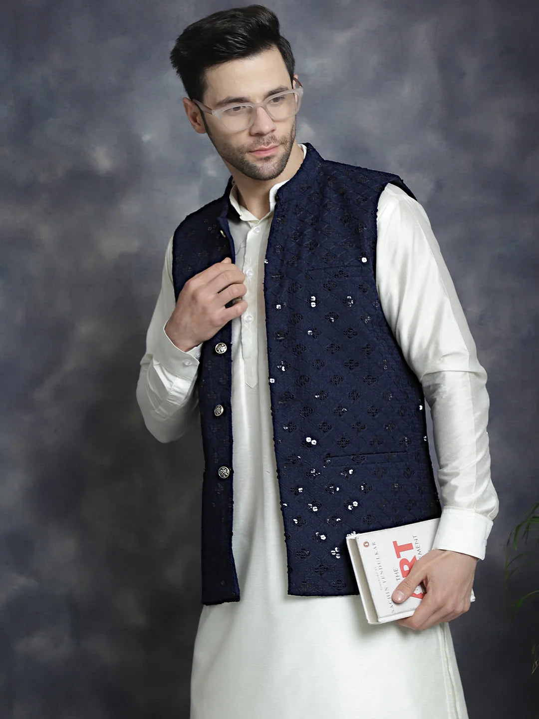 Navy Sequined Nehru Jacket with Kurta Pajama Set for Men