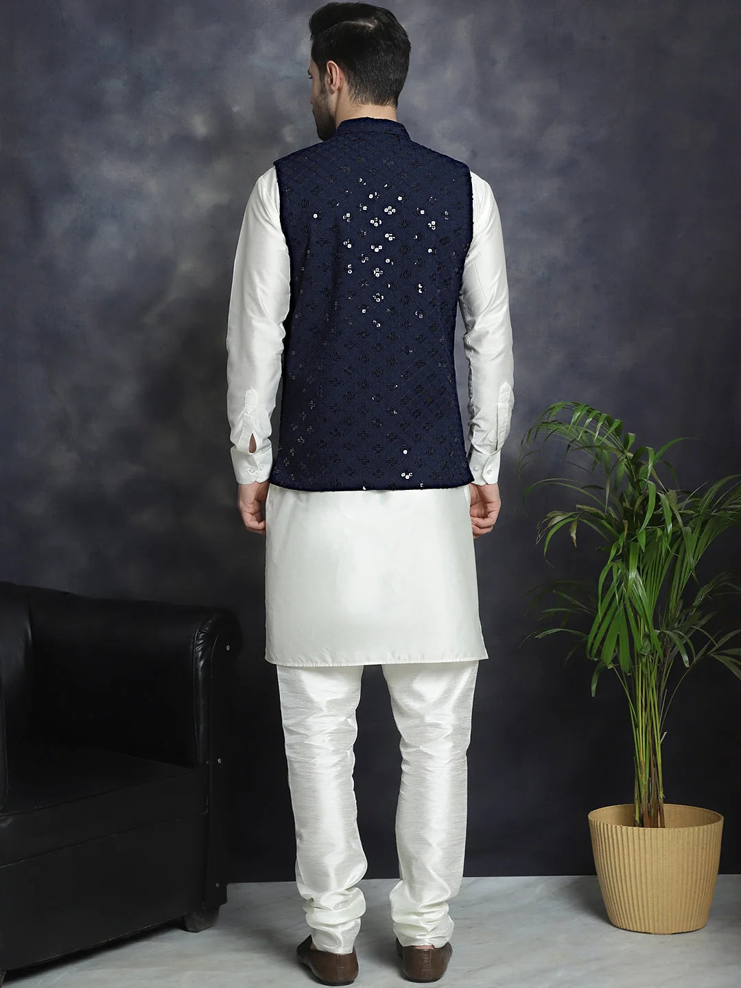 Navy Sequined Nehru Jacket with Kurta Pajama Set for Men