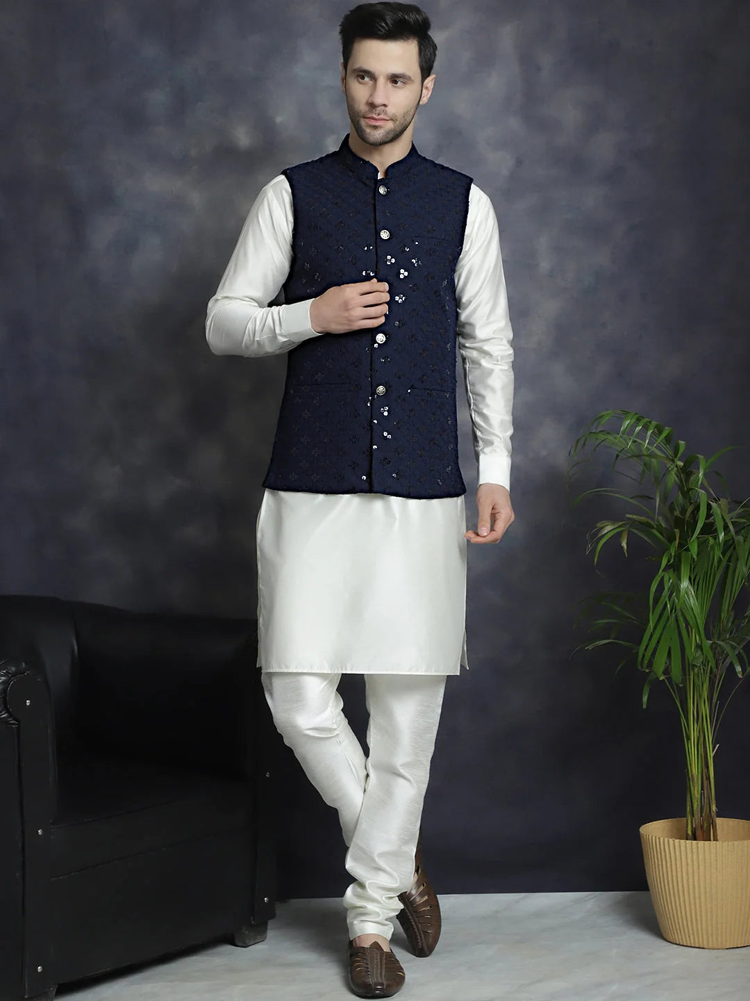 Navy Sequined Nehru Jacket with Kurta Pajama Set for Men