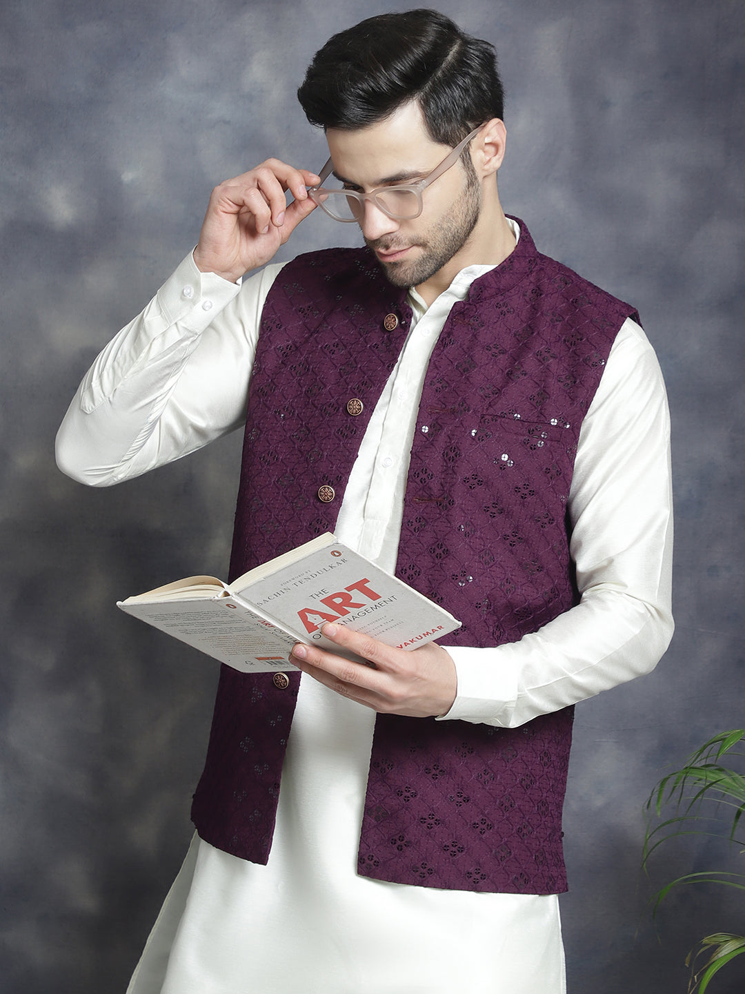 Men's Sequins and Embroidred Nehru Jacket With Solid Kurta Pyjama ( JOKPWC 592W 4093Purple )