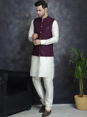 Men's Sequins and Embroidred Nehru Jacket With Solid Kurta Pyjama ( JOKPWC 592W 4093Purple )