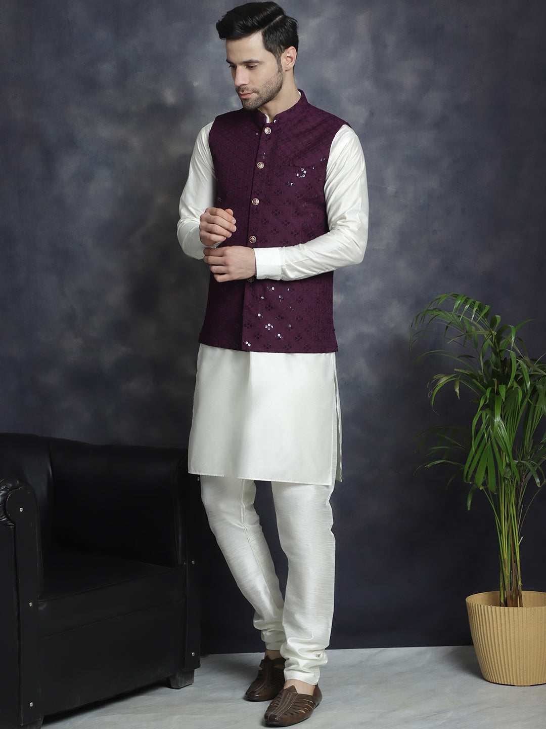 Purple Sequined Nehru Jacket with Kurta Pajama Set for Men