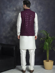 Men's Sequins and Embroidred Nehru Jacket With Solid Kurta Pyjama ( JOKPWC 592W 4093Purple )