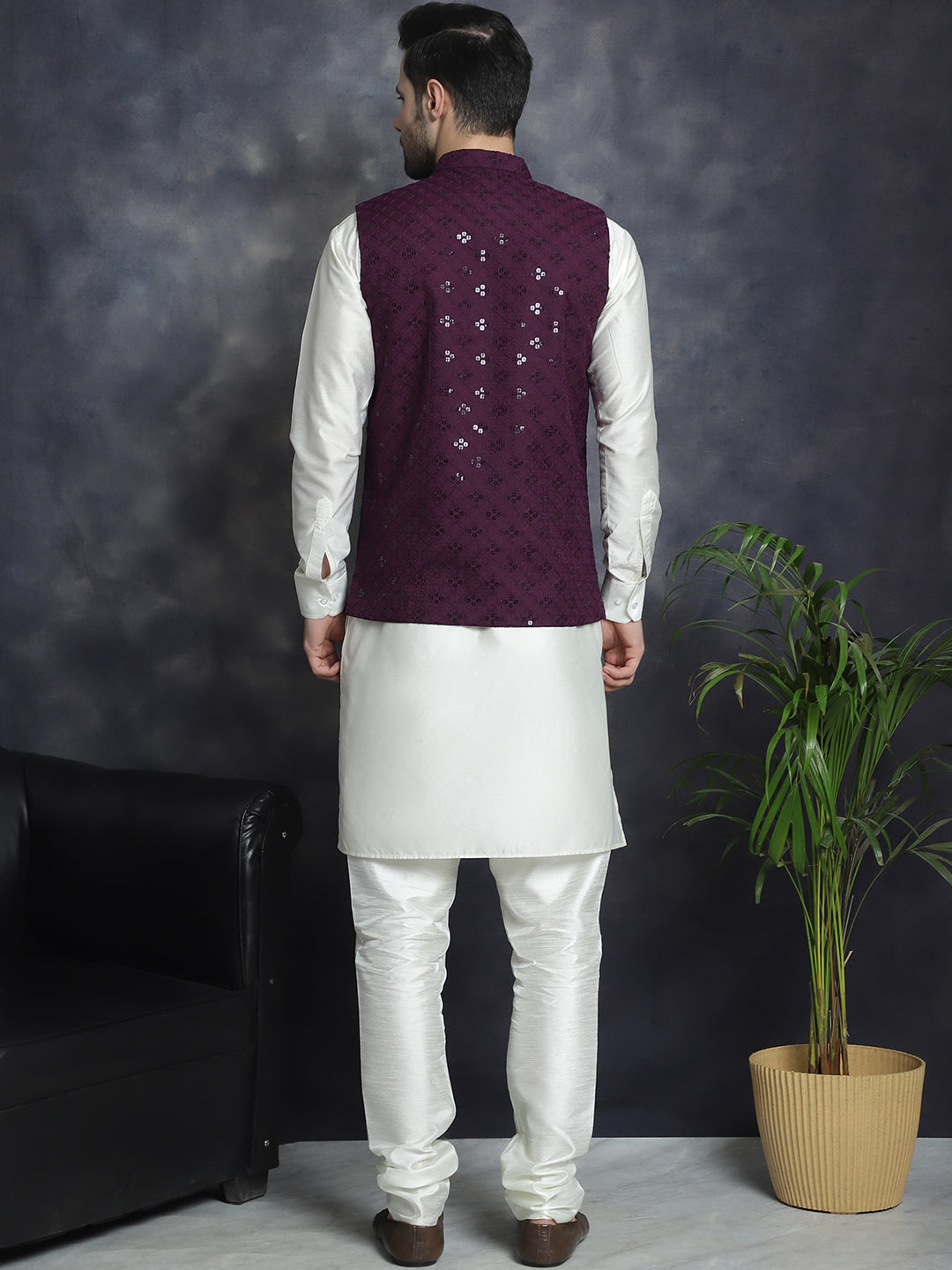 Purple Sequined Nehru Jacket with Kurta Pajama Set for Men