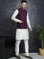 Men's Sequins and Embroidred Nehru Jacket With Solid Kurta Pyjama ( JOKPWC 592W 4093Purple )