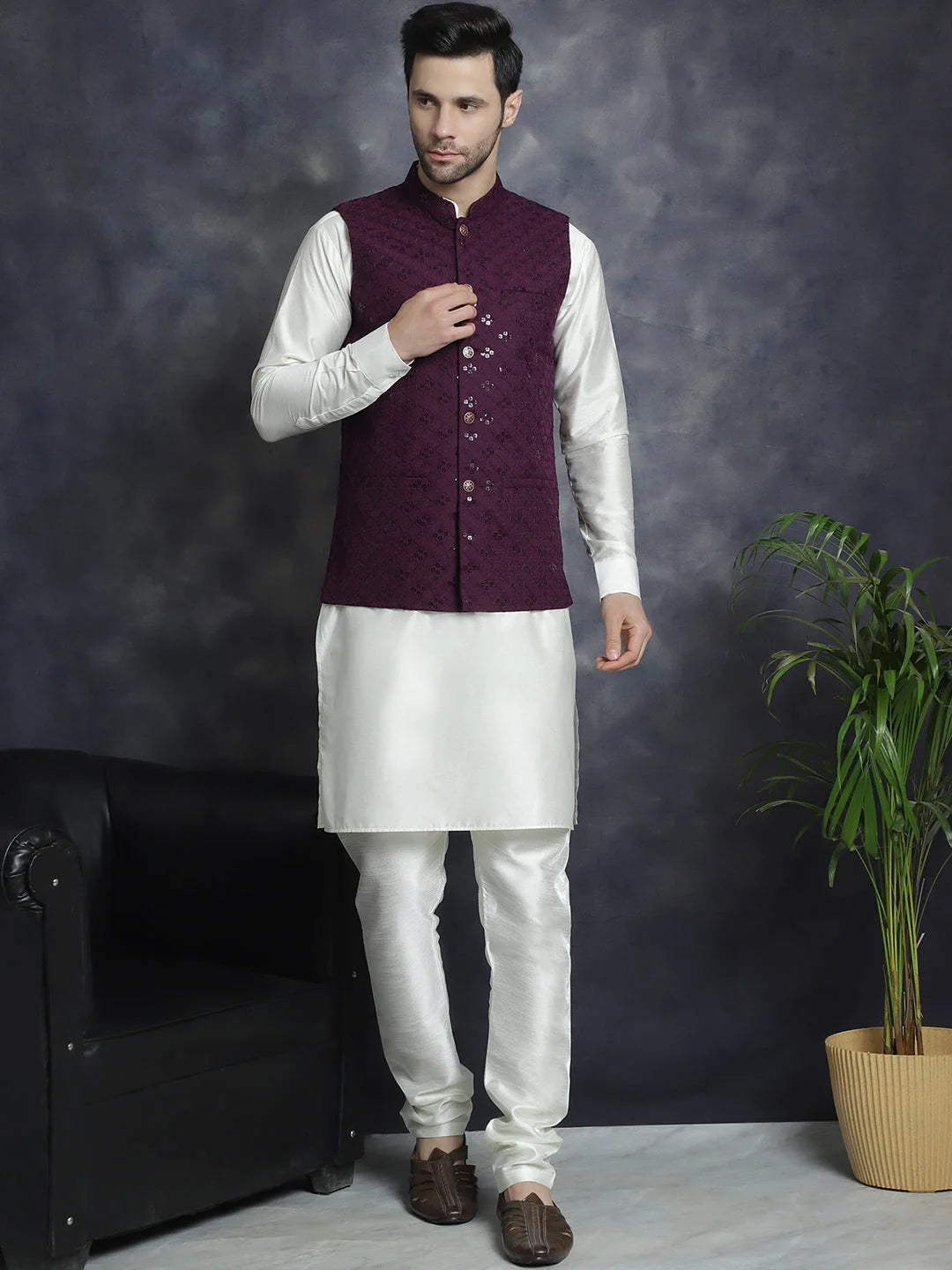 Purple Sequined Nehru Jacket with Kurta Pajama Set for Men