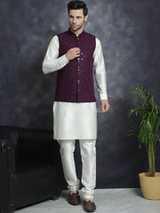 Men's Sequins and Embroidred Nehru Jacket With Solid Kurta Pyjama ( JOKPWC 592W 4093Purple )