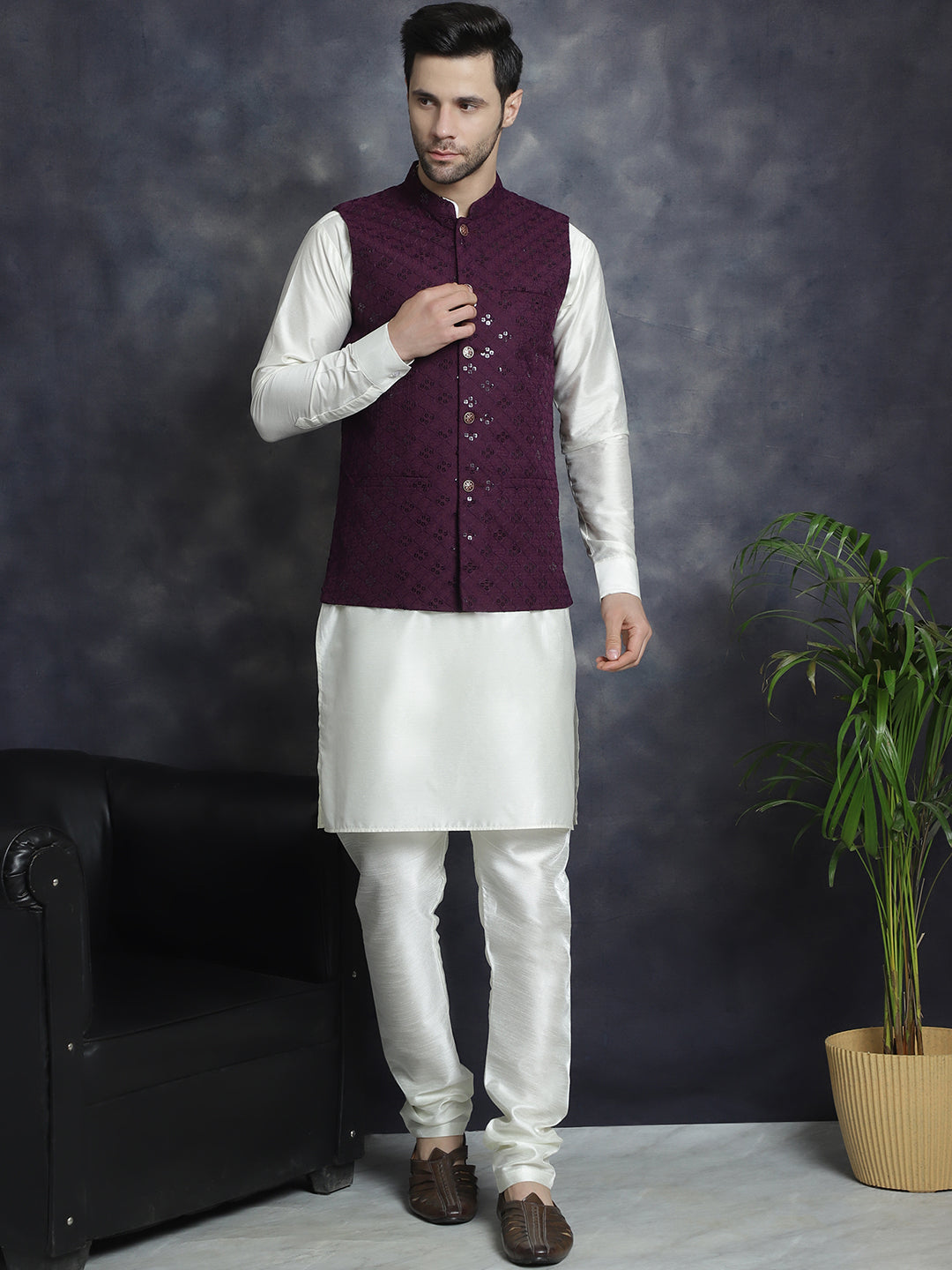 Purple Sequined Nehru Jacket with Kurta Pajama Set for Men