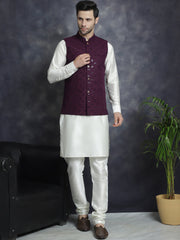 Men's Sequins and Embroidred Nehru Jacket With Solid Kurta Pyjama ( JOKPWC 592W 4093Purple )