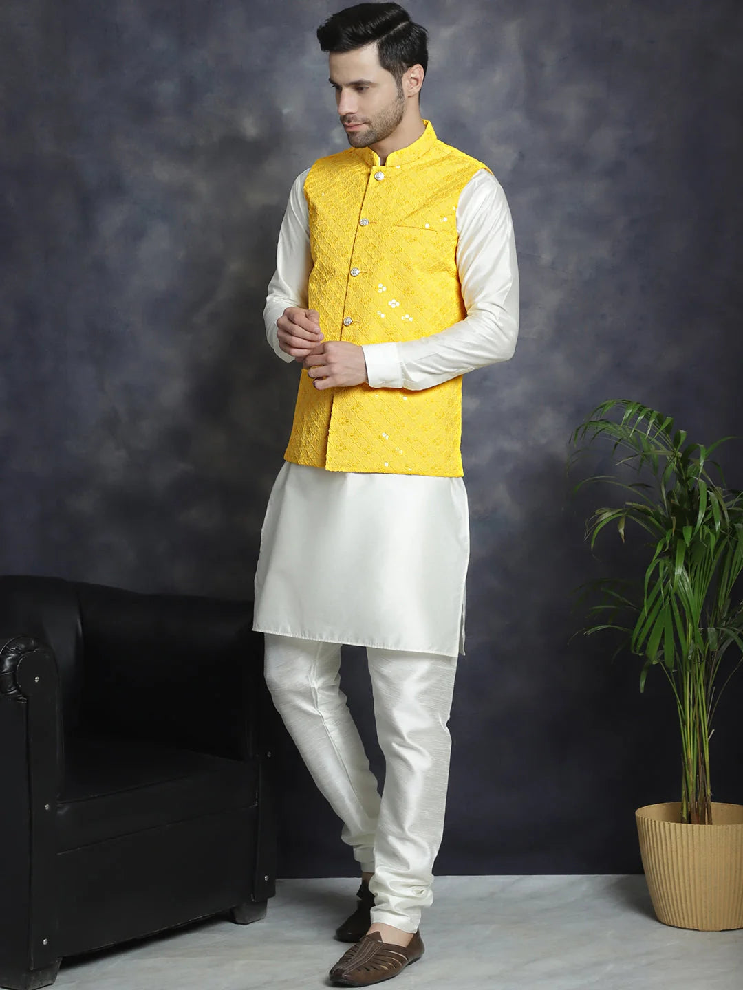 Yellow Sequined Nehru Jacket with Kurta Pajama Set for Men