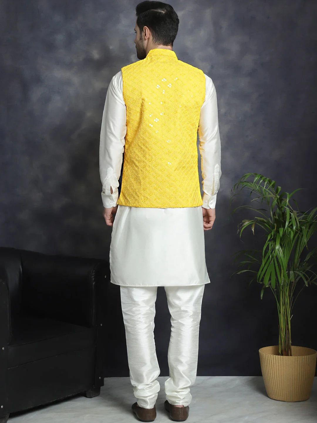 Yellow Sequined Nehru Jacket with Kurta Pajama Set for Men