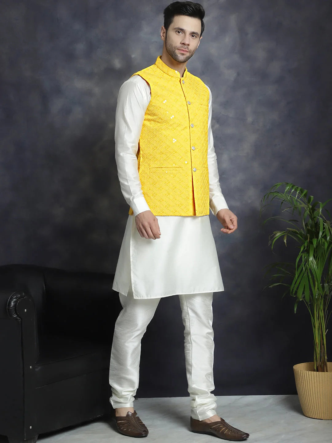 Yellow Sequined Nehru Jacket with Kurta Pajama Set for Men