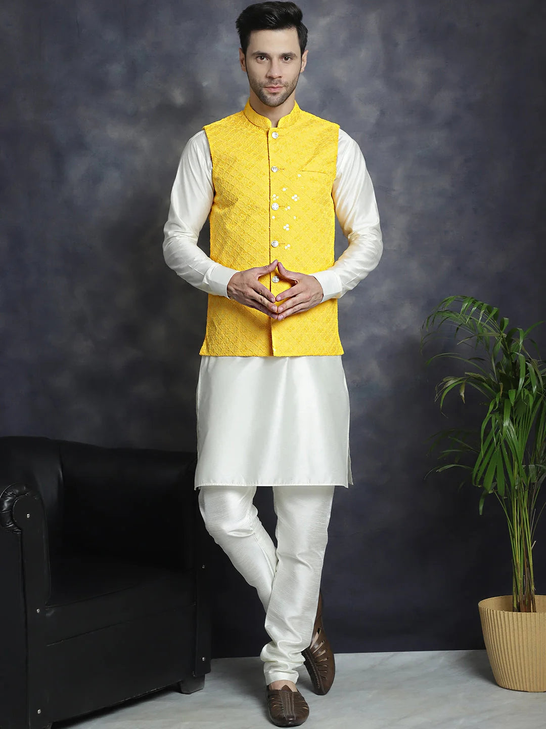 Yellow Sequined Nehru Jacket with Kurta Pajama Set for Men