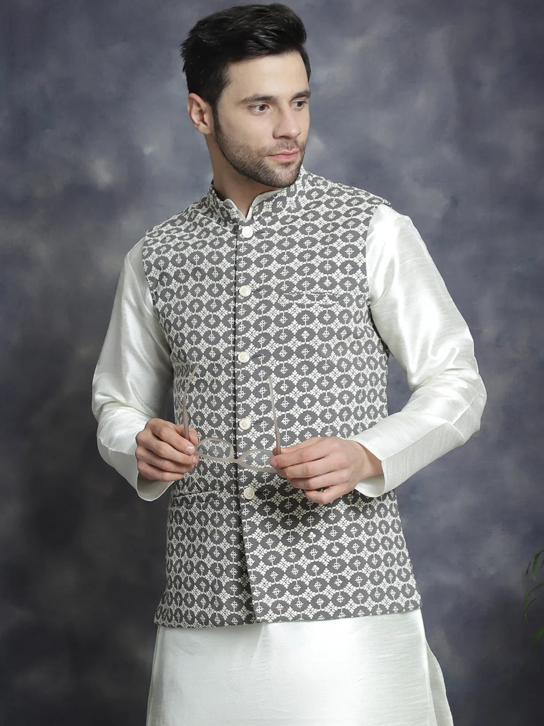 Gray Embroidered Nehru Jacket with Kurta Pajama Set for Men
