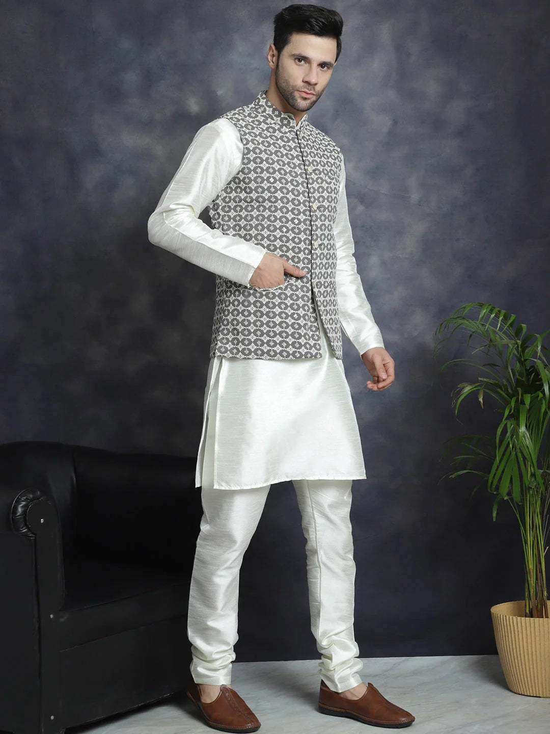 Gray Embroidered Nehru Jacket with Kurta Pajama Set for Men