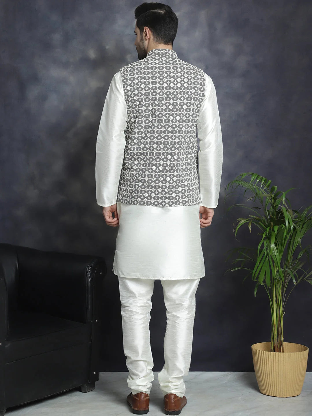 Gray Embroidered Nehru Jacket with Kurta Pajama Set for Men