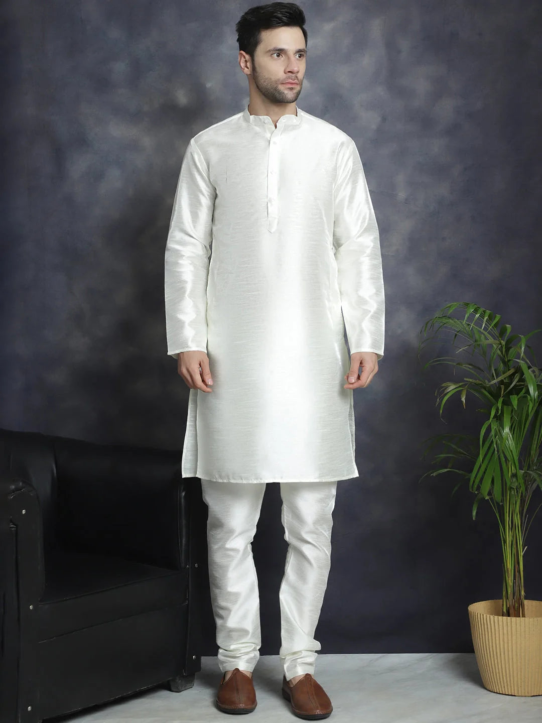 Gray Embroidered Nehru Jacket with Kurta Pajama Set for Men