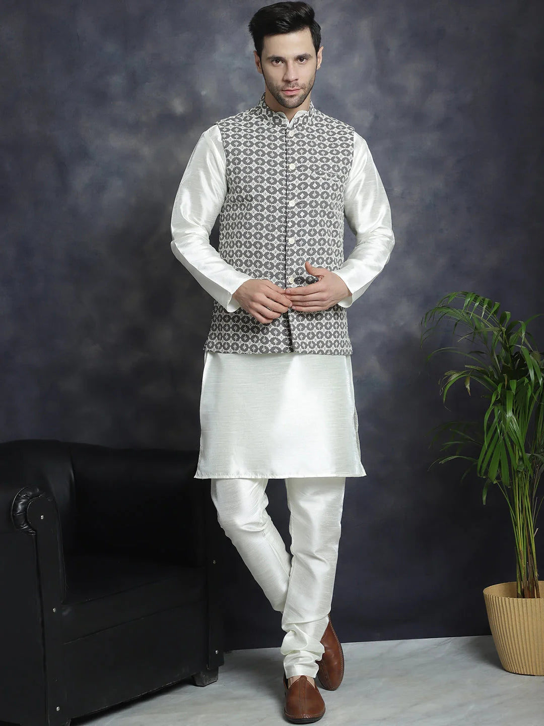 Gray Embroidered Nehru Jacket with Kurta Pajama Set for Men