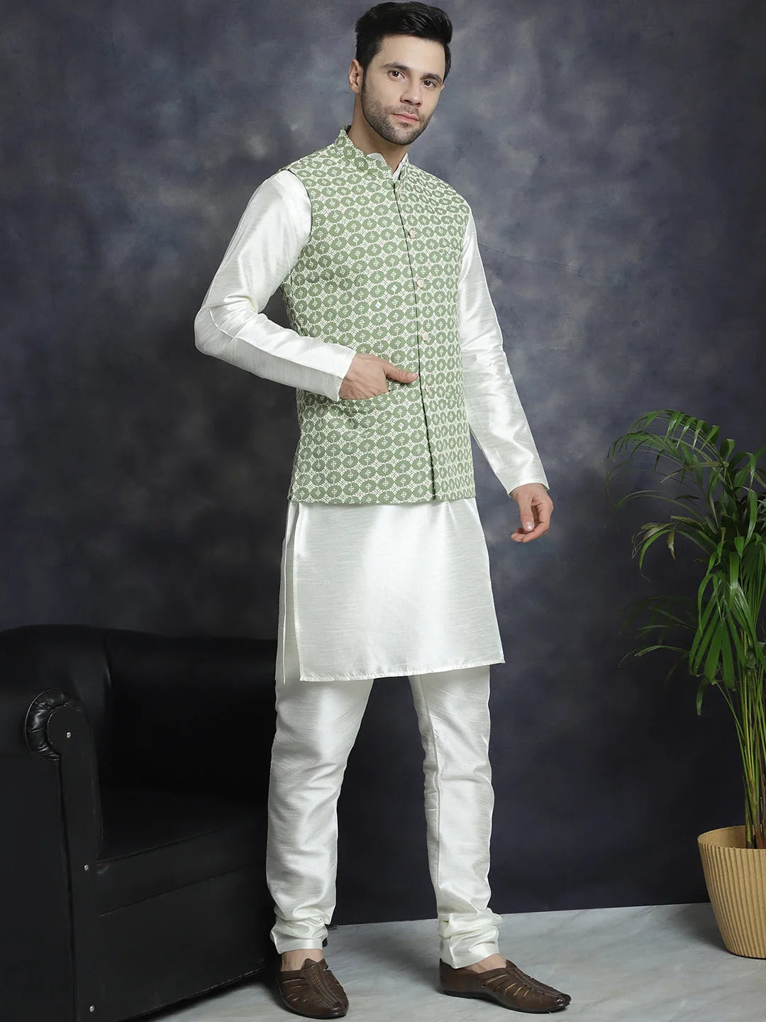 Mehndi Embroidered Nehru Jacket with Kurta Pajama Set