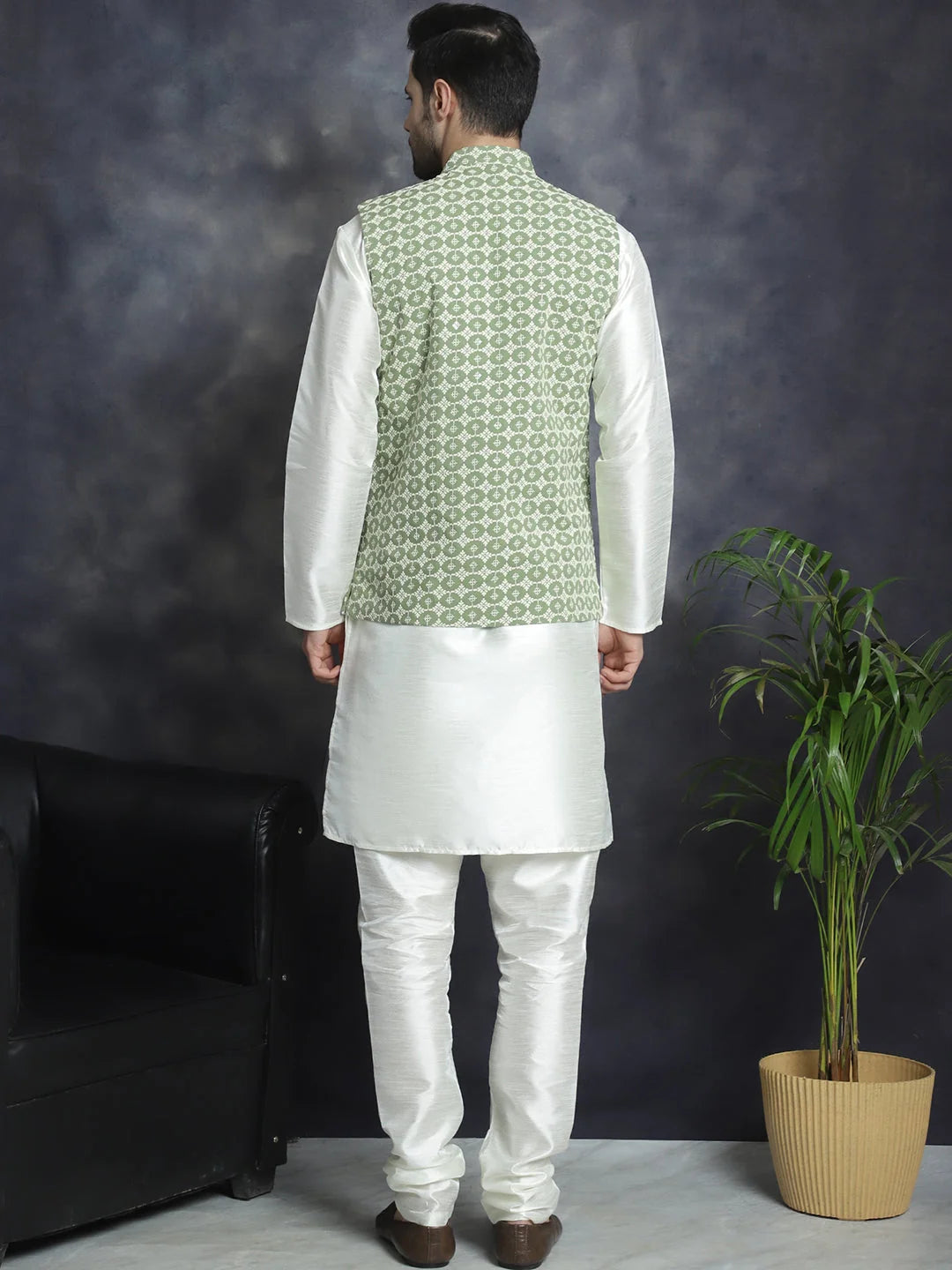 Mehndi Embroidered Nehru Jacket with Kurta Pajama Set