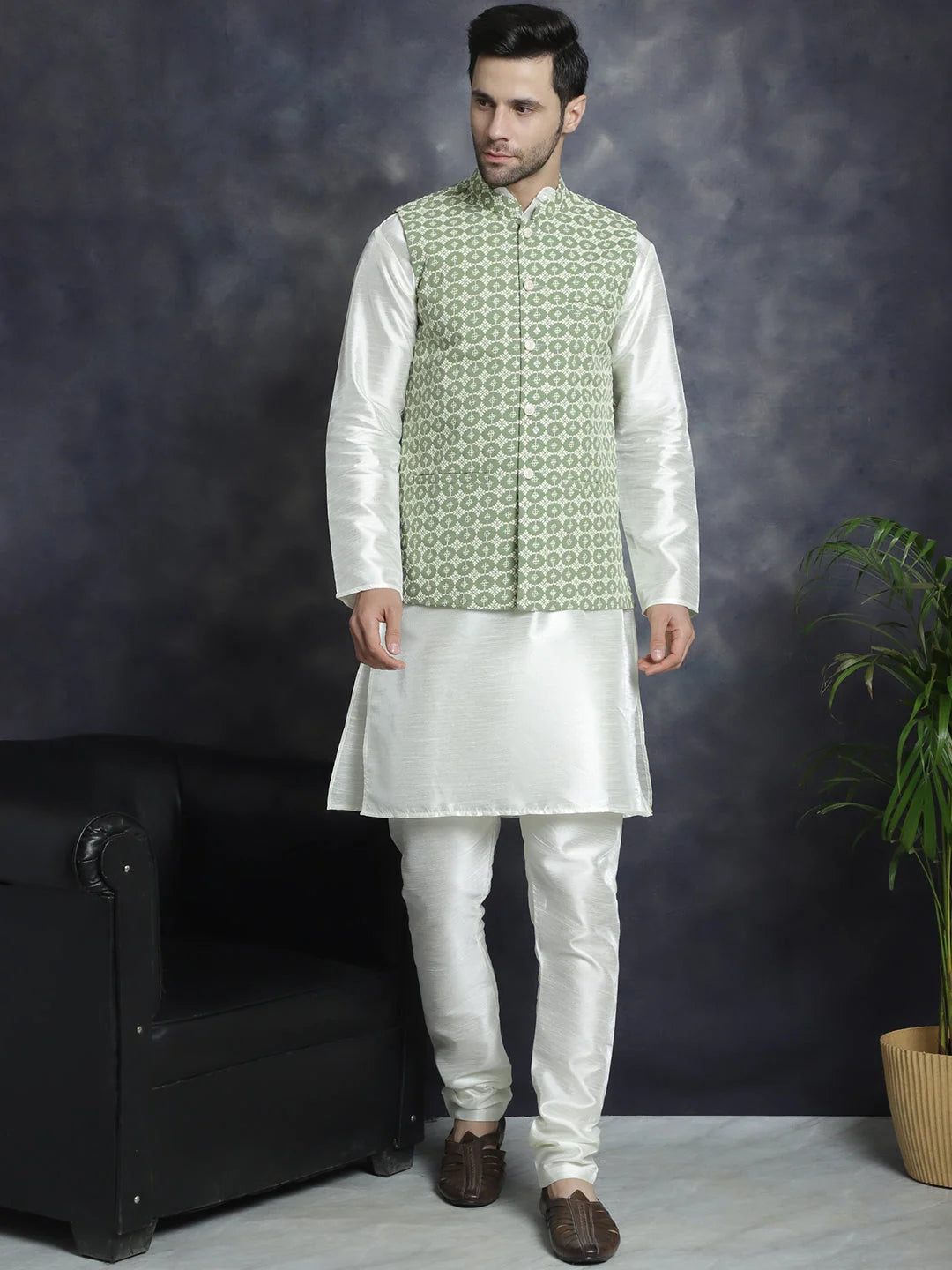 Mehndi Embroidered Nehru Jacket with Kurta Pajama Set