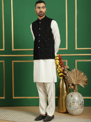 Men's Velvet Nehru Jacket With Solid Kurta Pyjama-JOKPWC-592W