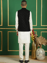 Men's Velvet Nehru Jacket With Solid Kurta Pyjama-JOKPWC-592W