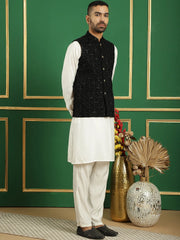 Men's Velvet Nehru Jacket With Solid Kurta Pyjama-JOKPWC-592W